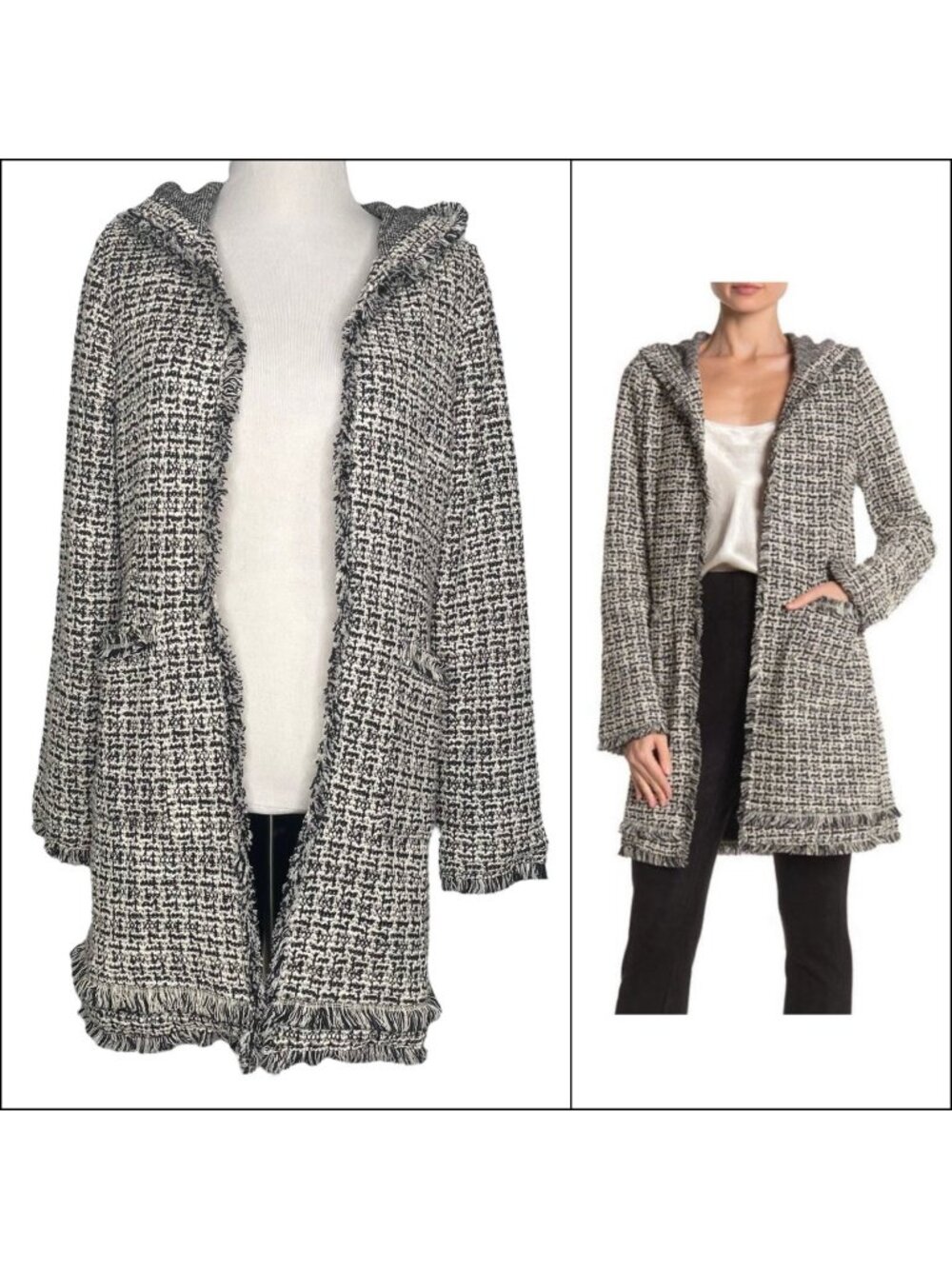 Laundry Shelli Segal Hooded Jacket Size Small Fringe Trim Pockets Textured NWT